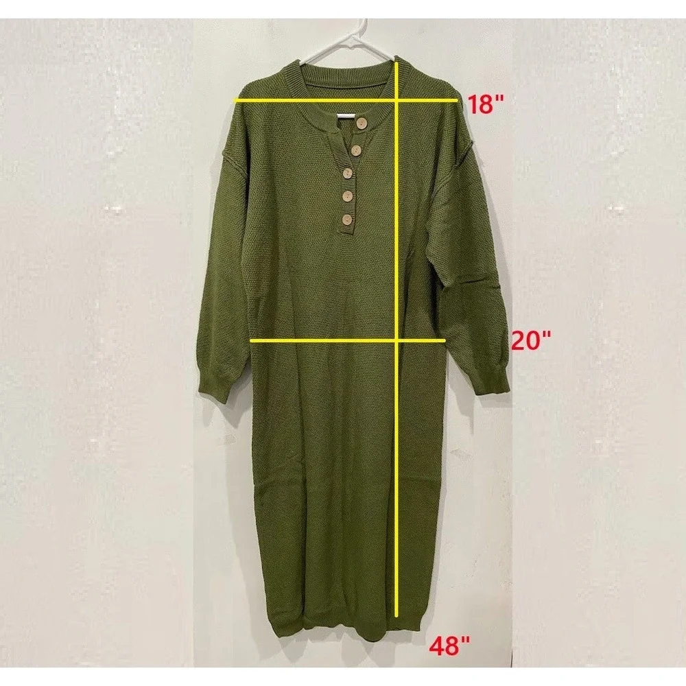 Flamingals Women's Fall Knit Sweater Dress Long Sleeve Button V Neck Loose Casua - Picture 5 of 5